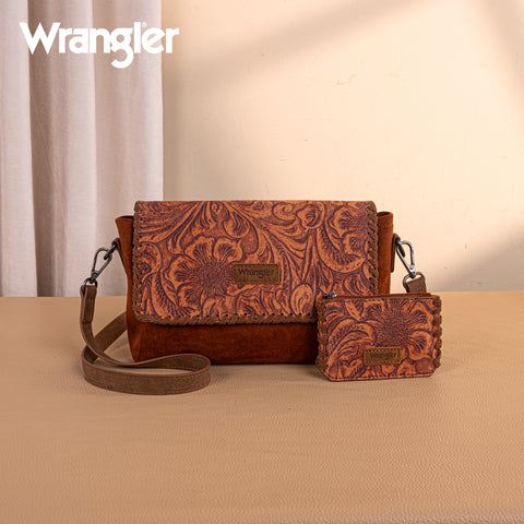 WG277-236BR   Wrangler Vintage Floral Printed Crossbody Bag with Small Pouch- Brown
