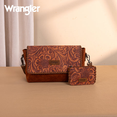 WG277-236BR   Wrangler Vintage Floral Printed Crossbody Bag with Small Pouch- Brown