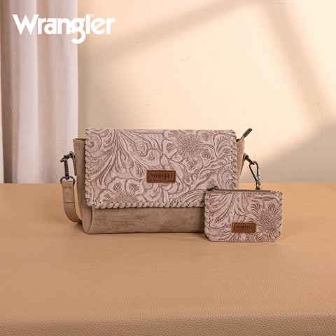 WG277-236KH   Wrangler Vintage Floral Printed Crossbody Bag with Small Pouch- Khaki