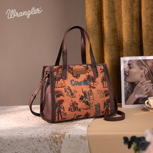 WG60G-8317 Wrangler Vintage Retro Cowboy Cool Print Concealed Carry Satchel/Crossbody - Dark Brown