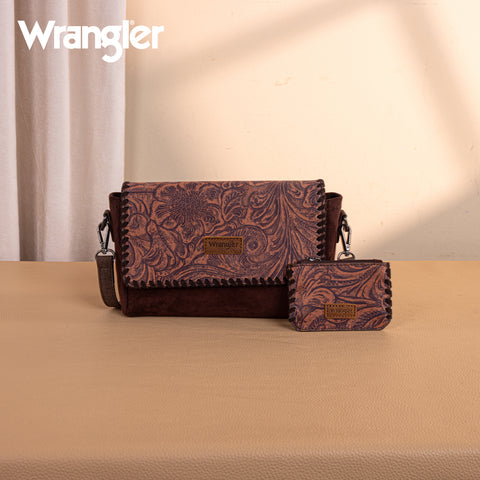 WG277-236CF   Wrangler Vintage Floral Printed Crossbody Bag with Small Pouch- Coffee
