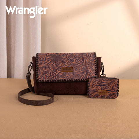WG277-236CF   Wrangler Vintage Floral Printed Crossbody Bag with Small Pouch- Coffee