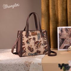 WG60G-8317 Wrangler Vintage Retro Cowboy Cool Print Concealed Carry Satchel/Crossbody -Tan
