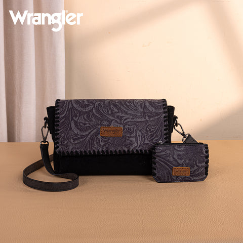 WG277-236BK   Wrangler Vintage Floral Printed Crossbody Bag with Small Pouch- Black