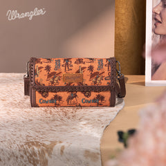 WG60-1812 Wrangler Vintage Retro Cowboy Cool Print Wallet/Crossbody -Dark Brown