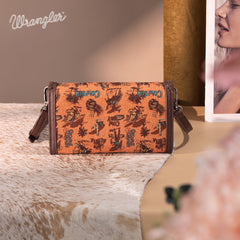 WG60-1812 Wrangler Vintage Retro Cowboy Cool Print Wallet/Crossbody -Dark Brown