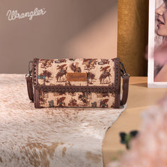 WG60-1812 Wrangler Vintage Retro Cowboy Cool Print Wallet/Crossbody -Tan