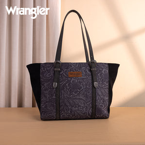 WG277-2002BK Wrangler Vintage Floral Printed Large Tote Bag - Black