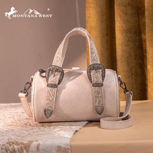 MW1338-8802 Montana West Western Tooled Buckle Collection Mini Barrel Crossbody Bag - Beige