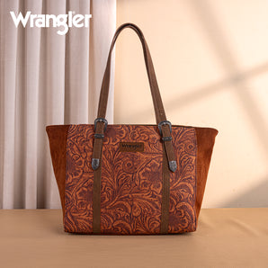 WG277-2002BR Wrangler Vintage Floral Printed Large Tote Bag - Brown