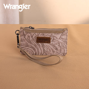 WG227-W075 Wrangler Vintage Floral Velvet Printed Mini Zip card Case Wristlet - Khaki