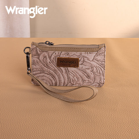 WG227-W075  Wrangler Vintage Floral Velvet Printed  Mini Zip card Case Wristlet - Khaki