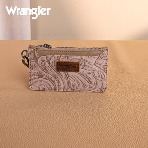 WG227-W075  Wrangler Vintage Floral Velvet Printed  Mini Zip card Case Wristlet - Khaki