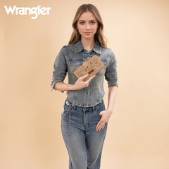 WG339-W080  Wrangler Western Floral Tooled RFID Wallet -Tan