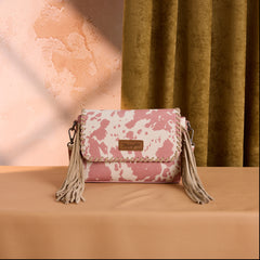 WG444-1818DPK  Wrangler Cow Print Fringe Crossbody Bag - Dark Pink