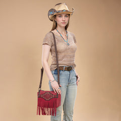 TR196-8287  Trinity Ranch Aztec Tooled Fringe Crossbody