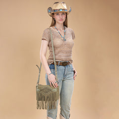TR196-8287  Trinity Ranch Aztec Tooled Fringe Crossbody