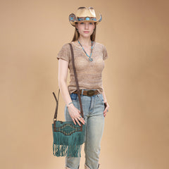 TR196-8287  Trinity Ranch Aztec Tooled Fringe Crossbody