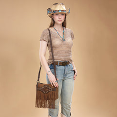 TR196-8287  Trinity Ranch Aztec Tooled Fringe Crossbody