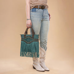 TR196G-8260  Trinity Ranch  Aztec Tooled Fringe Concealed Carry Tote/Crossbody