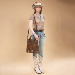 TR196G-8260  Trinity Ranch  Aztec Tooled Fringe Concealed Carry Tote/Crossbody