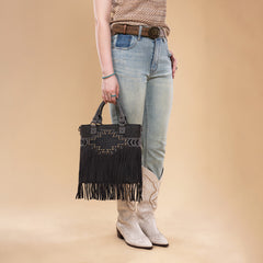 TR196G-8260  Trinity Ranch  Aztec Tooled Fringe Concealed Carry Tote/Crossbody