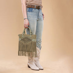 TR196G-8260  Trinity Ranch  Aztec Tooled Fringe Concealed Carry Tote/Crossbody