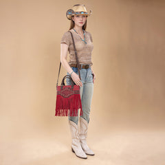 TR196G-8260  Trinity Ranch  Aztec Tooled Fringe Concealed Carry Tote/Crossbody