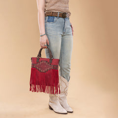 TR196G-8260  Trinity Ranch  Aztec Tooled Fringe Concealed Carry Tote/Crossbody