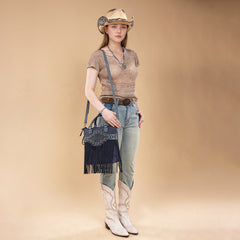 TR196G-8260  Trinity Ranch  Aztec Tooled Fringe Concealed Carry Tote/Crossbody