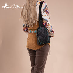 MW1324G-2101 Montana West Floral Tooled Genuine Cowhide Hair-On Trimmed Sling Bag - Black