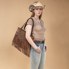 TR196G-8317  Trinity Ranch  Aztec Tooled Fringe Concealed Carry Tote