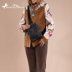 MW1324G-2101 Montana West Floral Tooled Genuine Cowhide Hair-On Trimmed Sling Bag - Black