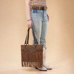 TR196G-8317  Trinity Ranch  Aztec Tooled Fringe Concealed Carry Tote