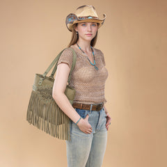 TR196G-8317  Trinity Ranch  Aztec Tooled Fringe Concealed Carry Tote