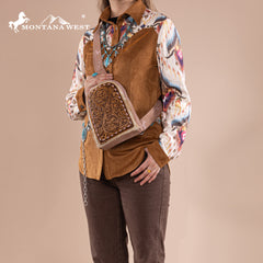 MW1324G-2101 Montana West Floral Tooled Genuine Cowhide Hair-On Trimmed Sling Bag - Pink