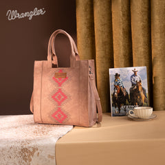 WG218-8900  Wrangler Aztec Embroidered Tote Bag/Crossbody- Dark Pink