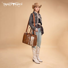 TR202G-8355  Trinity Ranch  Genuine Cowhide  Carry-All Cowhide Concealed Carry Large Tote /Crossbody - Brown