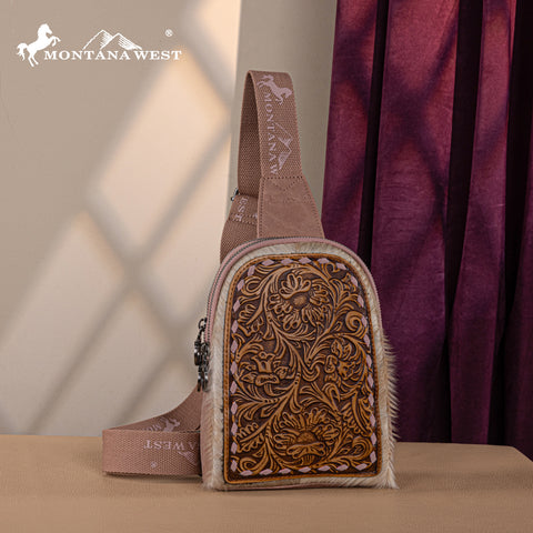 MW1324G-2101 Montana West Floral Tooled Genuine Cowhide Hair-On Trimmed Sling Bag - Pink