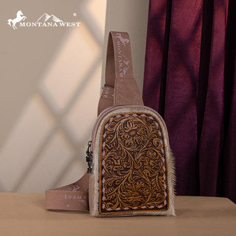 MW1234G-2101 Montana West Floral Tooled Genuine Cowhide Hair-On Trimmed Sling Bag - Pink