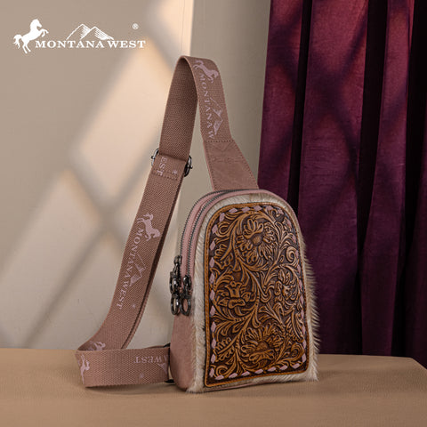 MW1234G-2101 Montana West Floral Tooled Genuine Cowhide Hair-On Trimmed Sling Bag - Pink