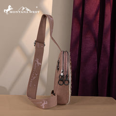 MW1324G-2101 Montana West Floral Tooled Genuine Cowhide Hair-On Trimmed Sling Bag - Pink