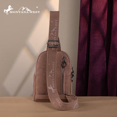 MW1324G-2101 Montana West Floral Tooled Genuine Cowhide Hair-On Trimmed Sling Bag - Pink