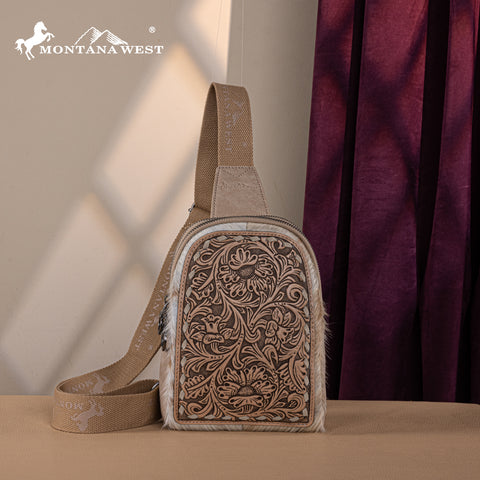 MW1234G-2101 Montana West Floral Tooled Genuine Cowhide Hair-On Trimmed Sling Bag - Tan