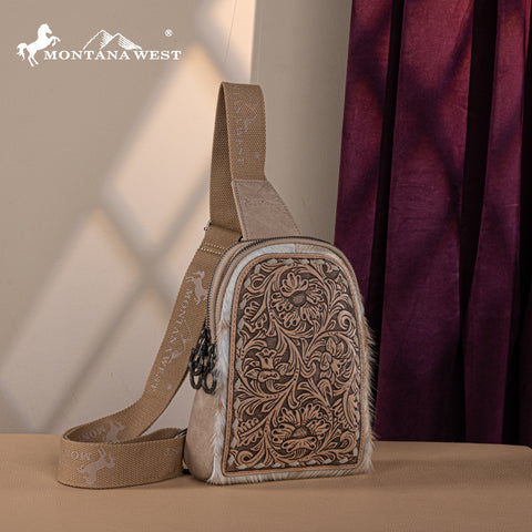 MW1324G-2101 Montana West Floral Tooled Genuine Cowhide Hair-On Trimmed Sling Bag - Tan