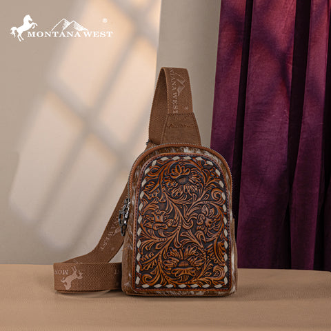 MW1324G-2101 Montana West Floral Tooled Genuine Cowhide Hair-On Trimmed Sling Bag - Brown