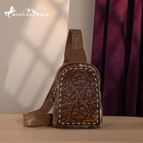 MW1234G-2101 Montana West Floral Tooled Genuine Cowhide Hair-On Trimmed Sling Bag - Brown