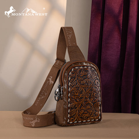 MW1234G-2101 Montana West Floral Tooled Genuine Cowhide Hair-On Trimmed Sling Bag - Brown