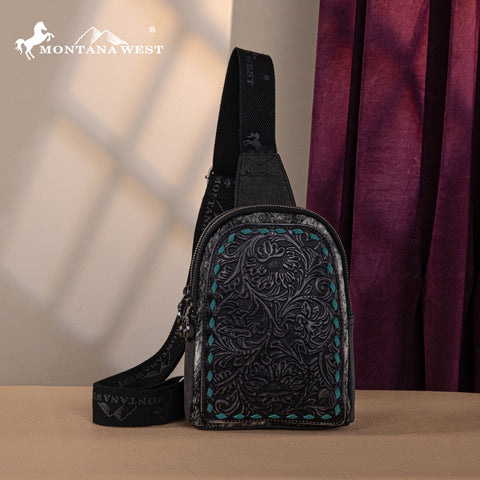 MW1324G-2101 Montana West Floral Tooled Genuine Cowhide Hair-On Trimmed Sling Bag - Black