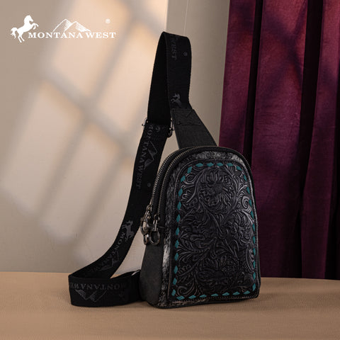 MW1324G-2101 Montana West Floral Tooled Genuine Cowhide Hair-On Trimmed Sling Bag - Black